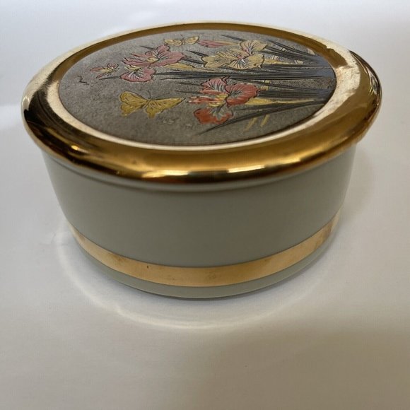 The Art Of Chokin Decorative Trinket Box 24K Gold Edge Butterfly & Iris Flowers - Picture 7 of 12